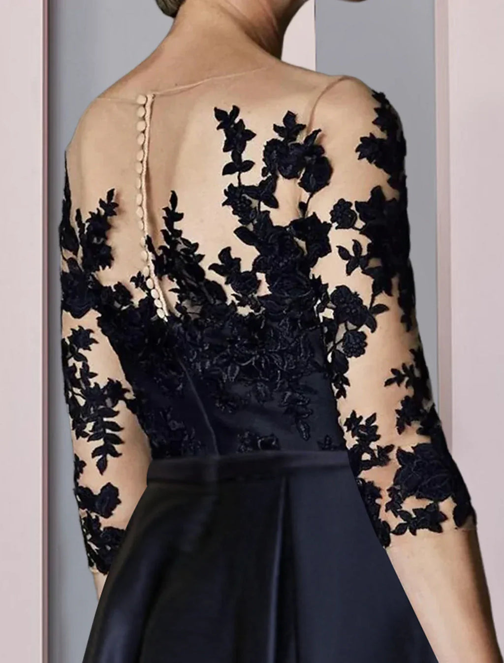 A-Line Mother of the Bride Dress Wedding Guest Elegant High Low Scoop Neck Asymmetrical Tea Length Satin Lace 3/4 Length Sleeve with Pleats Appliques