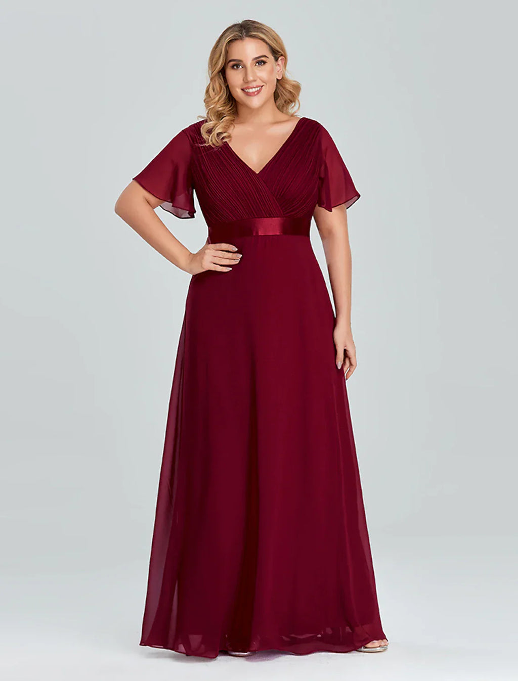 A-Line Prom Dresses Empire Dress Wedding Guest Floor Length Short Sleeve V Neck Chiffon with Pleats