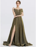 A-Line Evening Gown Elegant Dress Formal Sweep / Brush Train Sleeveless Sweetheart Charmeuse with Glitter Slit