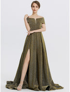 A-Line Evening Gown Elegant Dress Formal Sweep / Brush Train Sleeveless Sweetheart Charmeuse with Glitter Slit