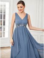 A-Line Prom Dresses Party Wear Floor Length Sleeveless V Neck Chiffon with Appliques