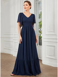 A-Line Prom Dresses Elegant Dress Party Wear Floor Length Short Sleeve V Neck Chiffon with Pleats