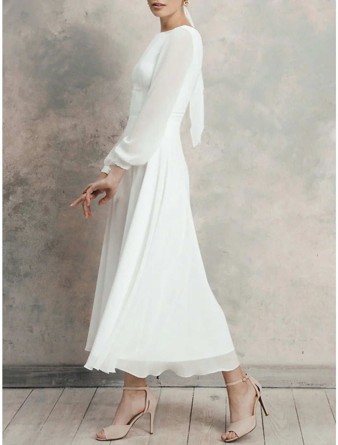 A-Line Cocktail Dresses Little White Dresses Dress Wedding Reception Tea Length Long Sleeve Jewel Neck Fall Wedding Guest Cotton V Back with Ruffles Pure Color
