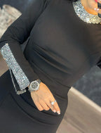 Mermaid Black Dress Plus Size Evening Gown Glittering Dress Formal Wedding Guest Floor Length Long Sleeve High Neck Stretch Fabric with Sequin