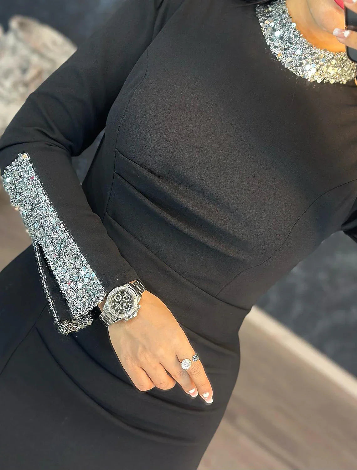 Mermaid Black Dress Plus Size Evening Gown Glittering Dress Formal Wedding Guest Floor Length Long Sleeve High Neck Stretch Fabric with Sequin