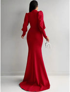 Mermaid Evening Gown Elegant Dress Formal Christmas Red Green Dress Sweep / Brush Train Long Sleeve High Neck Satin with Ruched