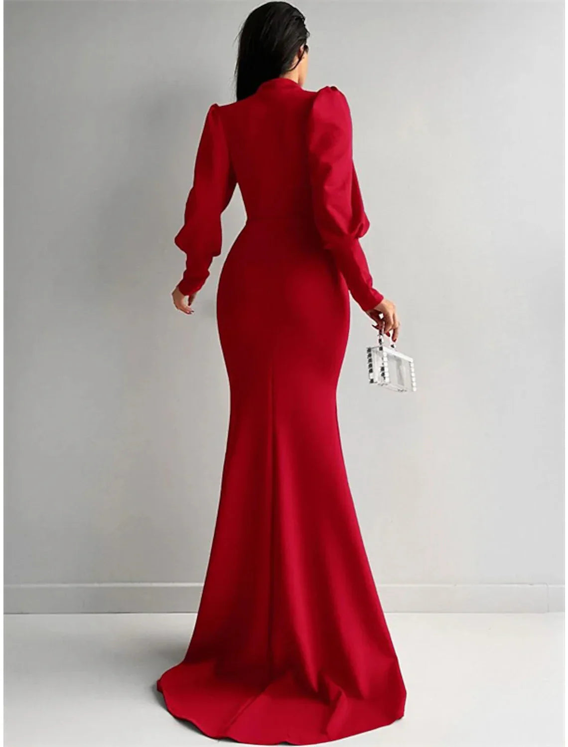 Mermaid Evening Gown Elegant Dress Formal Christmas Red Green Dress Sweep / Brush Train Long Sleeve High Neck Satin with Ruched