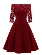 A-Line Cocktail Dresses Vintage Dress Graduation Party Wear Knee Length 3/4 Length Sleeve Off Shoulder Lace with Lace