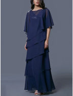 Sheath / Column Mother of the Bride Dress Wedding Guest Elegant Scoop Neck Ankle Length Chiffon Half Sleeve with Sequin Tier