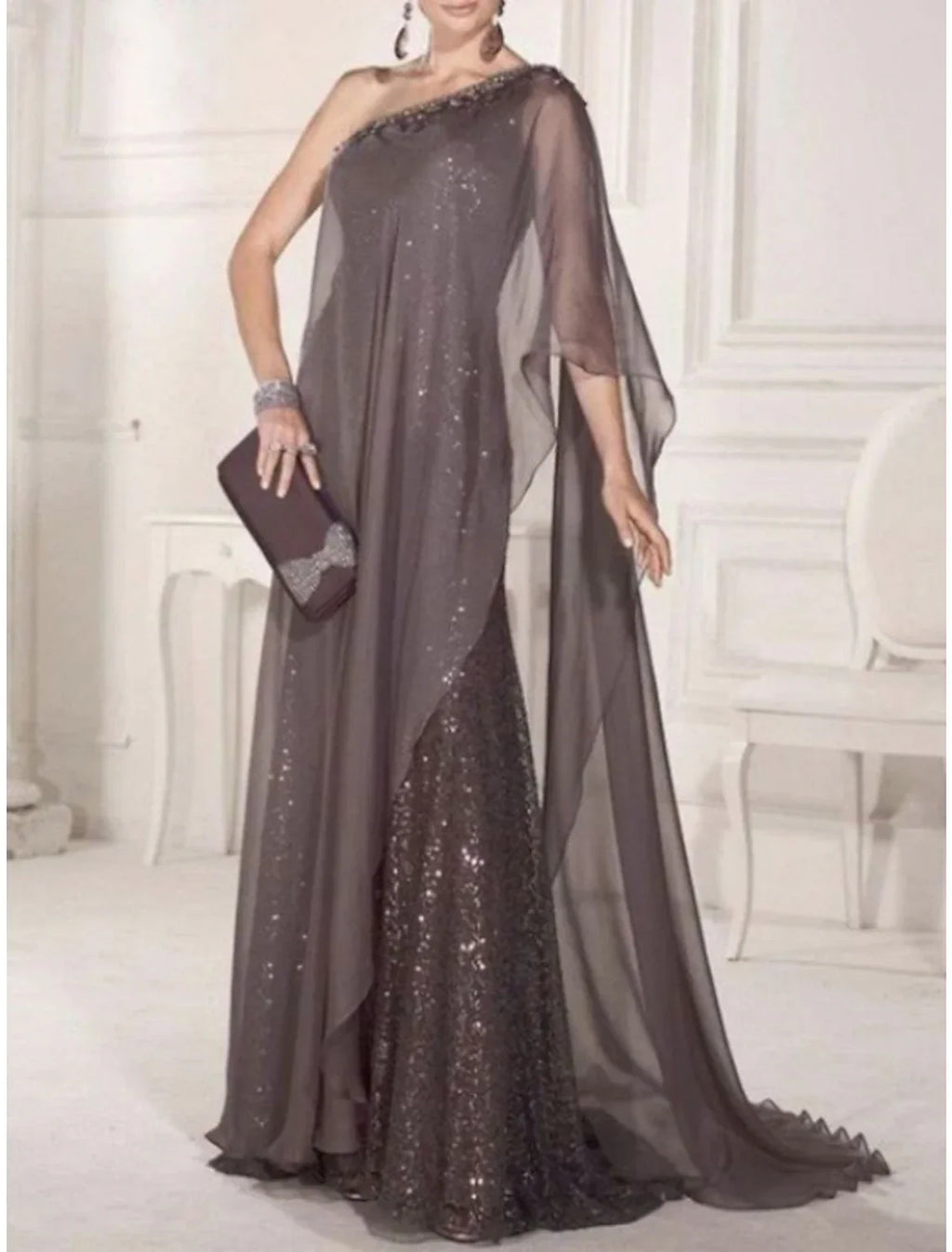 Sheath / Column Mother of the Bride Dress Wedding Guest Party Sparkle & Shine Elegant One Shoulder Sweep / Brush Train Chiffon Lace Sleeveless with Pleats Sequin