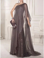 Sheath / Column Mother of the Bride Dress Wedding Guest Party Sparkle & Shine Elegant One Shoulder Sweep / Brush Train Chiffon Lace Sleeveless with Pleats Sequin