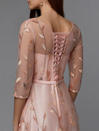A-Line Floral Dress Wedding Guest Floor Length 3/4 Length Sleeve Illusion Neck Lace with Pattern / Print Appliques