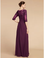 Sheath / Column Mother of the Bride Dress Wedding Guest Elegant Scoop Neck Floor Length Chiffon Lace Half Sleeve with Pleats Sequin
