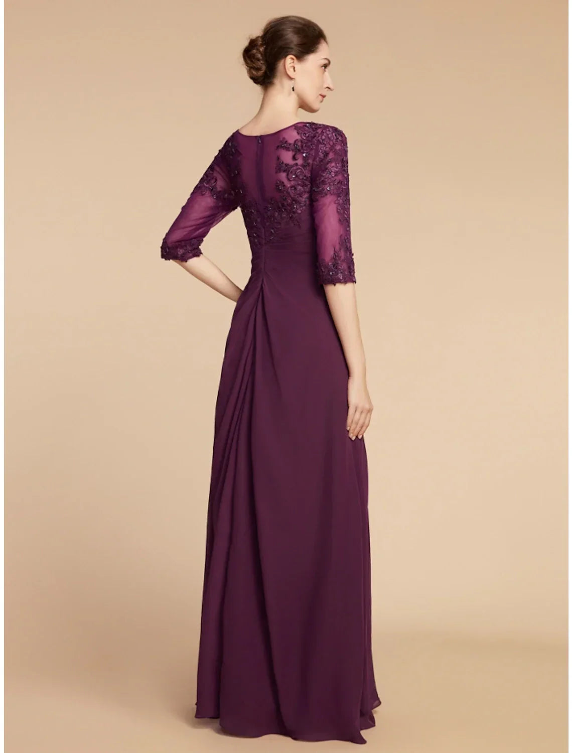 Sheath / Column Mother of the Bride Dress Wedding Guest Elegant Scoop Neck Floor Length Chiffon Lace Half Sleeve with Pleats Sequin