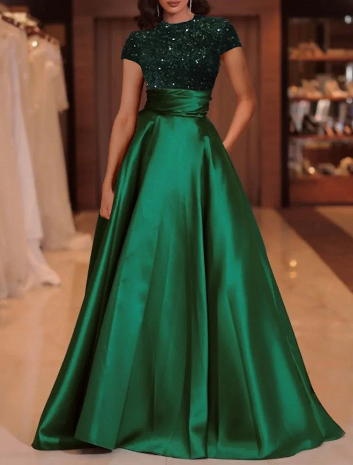A-Line Evening Gown Elegant Dress Christmas Floor Length Short Sleeve High Neck Satin with Sequin
