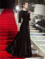 A-Line Vintage Dress Wedding Guest Formal Evening Floor Length 3/4 Length Sleeve Jewel Neck Velvet with Pleats