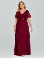 A-Line Prom Dresses Empire Dress Wedding Guest Floor Length Short Sleeve V Neck Chiffon with Pleats