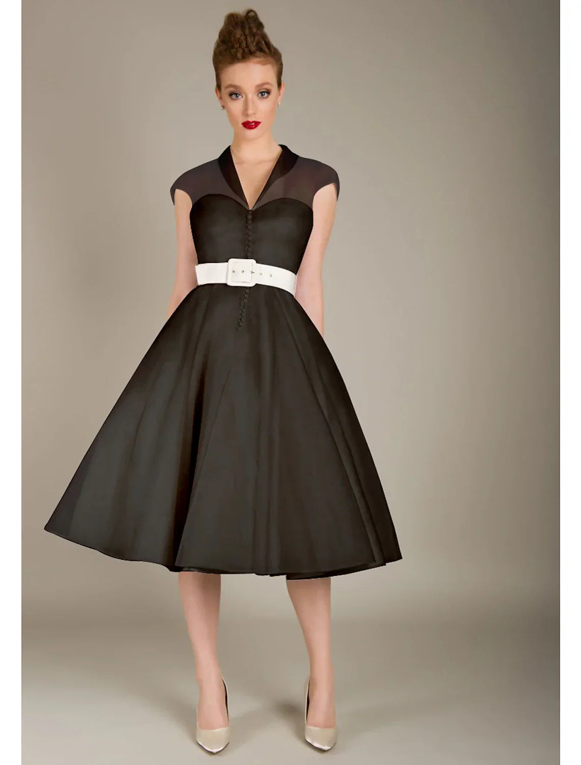 A-Line Cocktail Dresses 1950s Dress Graduation Knee Length Sleeveless V Neck Wednesday Addams Family Tulle with Sash / Ribbon