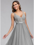 A-Line Holiday Prom Dress V Neck V Back Sleeveless Floor Length Chiffon Appliques