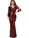 Sparkle Prom Formal Evening Dress V Neck Long Sleeve Floor Length Polyester with Cross Sequin