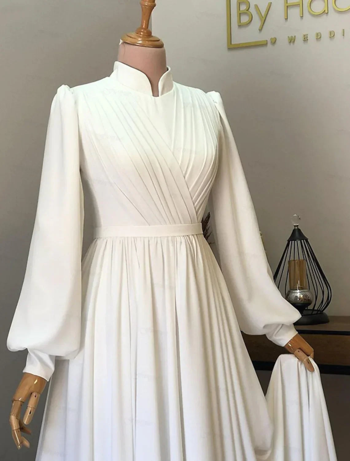 Vintage Casual Wedding Dresses A-Line Long Sleeve High Neck Chiffon With Pleats