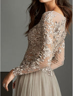 A-Line Evening Gown Elegant Dress Wedding Guest Formal Evening Sweep / Brush Train Long Sleeve Illusion Neck Lace with Pleats Appliques