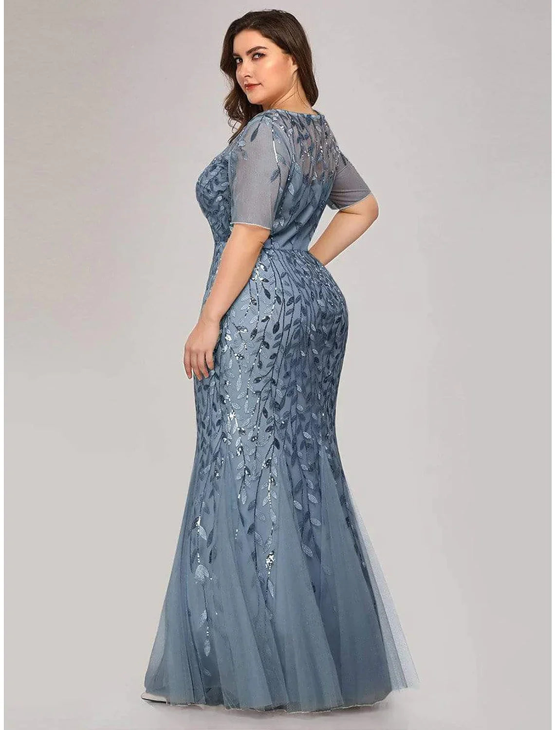 Elegant Party Wear Formal Evening Dress Short Sleeve Floor Length Tulle with Embroidery
