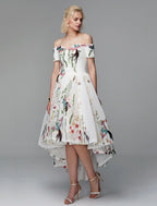 Dress Wedding Asymmetrical Short Sleeve Off Shoulder Polyester with Embroidery